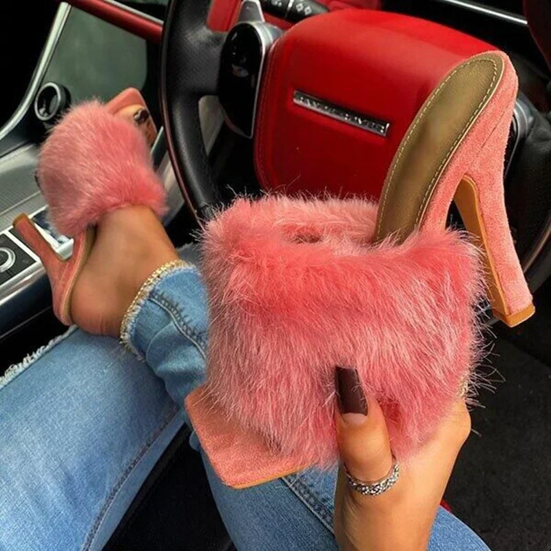 

Fashion New Women's Slippers Furry Uppers Mature and Versatile Open-toed Sexy Casual Outdoor High-heeled Women's Slippers