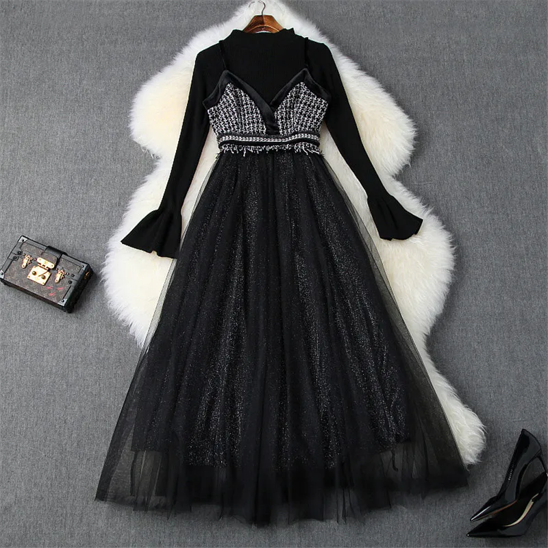 

2019 Fashion Autumn Winter Runway Women Elegant Flare Sleeve Pullover Knit Top and Woolen Patchwork Midi Tulle Dress 2pcs