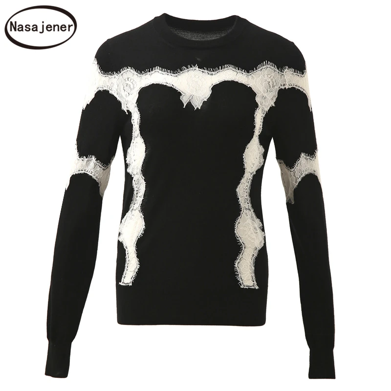 2019 Autumn Fashion Black Knitting Sweaters Women's Lace Splice Long Sleeve Elegant Vintage 100%Wool Pullovers Tops | Женская одежда