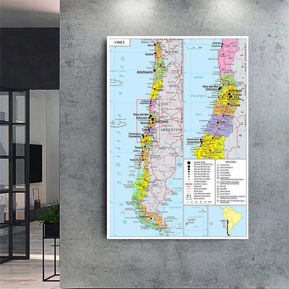 

150*225 cm The Chile Political Map (In French)Large Poster Non-woven Canvas Painting Living Room Home Decoration School Supplies