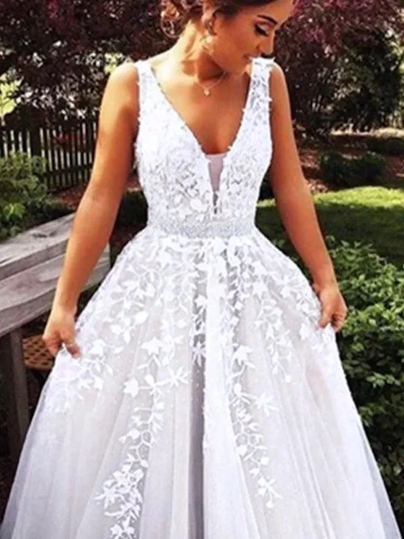 

vestido de noche V Neck A Line Wedding Dresses Length Applique Open Back Sleeveless Light Champagne Floor Backless Bridal Dress