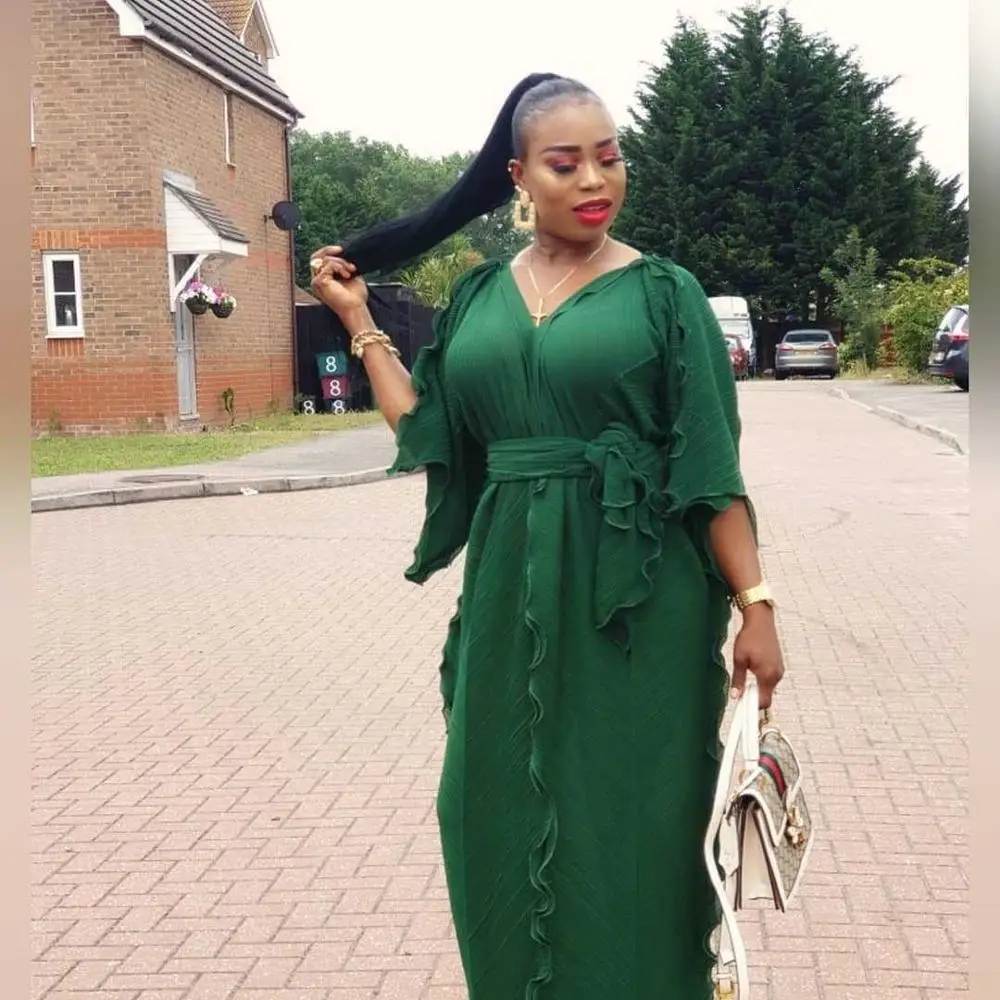 Женское платье с оборками v образным вырезом длинным рукавом и высокой талией