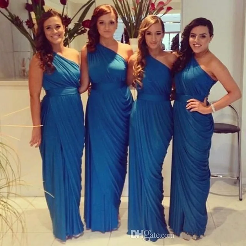 

Fashion chiffon blue bridesmaid wedding banquet party oblique shoulder dress