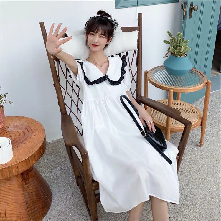2021 Summer New Style Nightdress Women's Loose Nightgown Doll Collar Dress Medium Length A-line Skirt Home Clothes Sleepwear