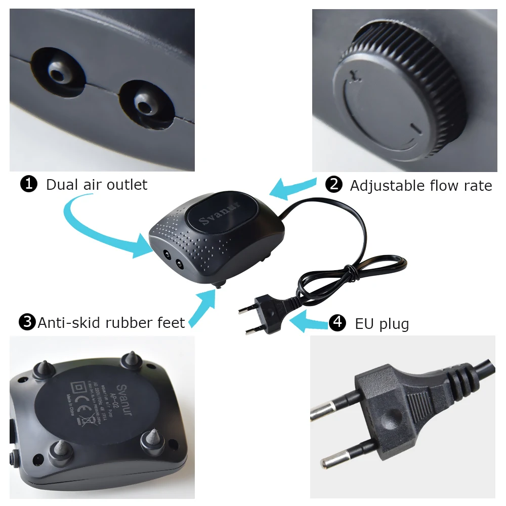 Низкошумный аквариумный кислородный воздушный насос Svanur с одним двойным выходом
