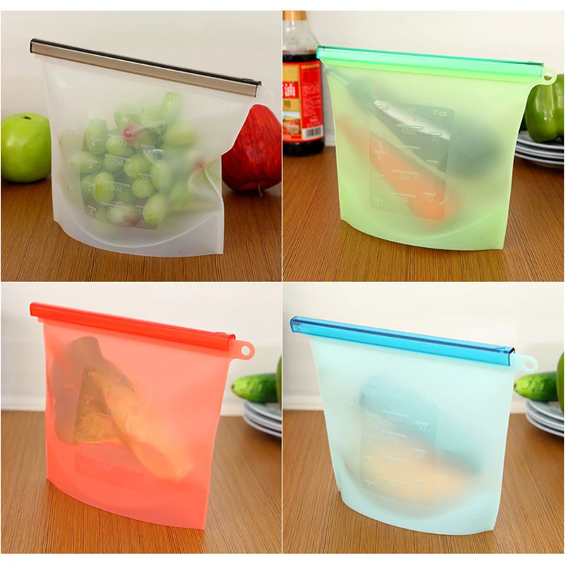 

4pcs 1000ml 1500ml Reusable Silicone Food Storage Bags Multiple Purposes Ziplock Bag for Vegetable/Fruit/Liquid Preservation
