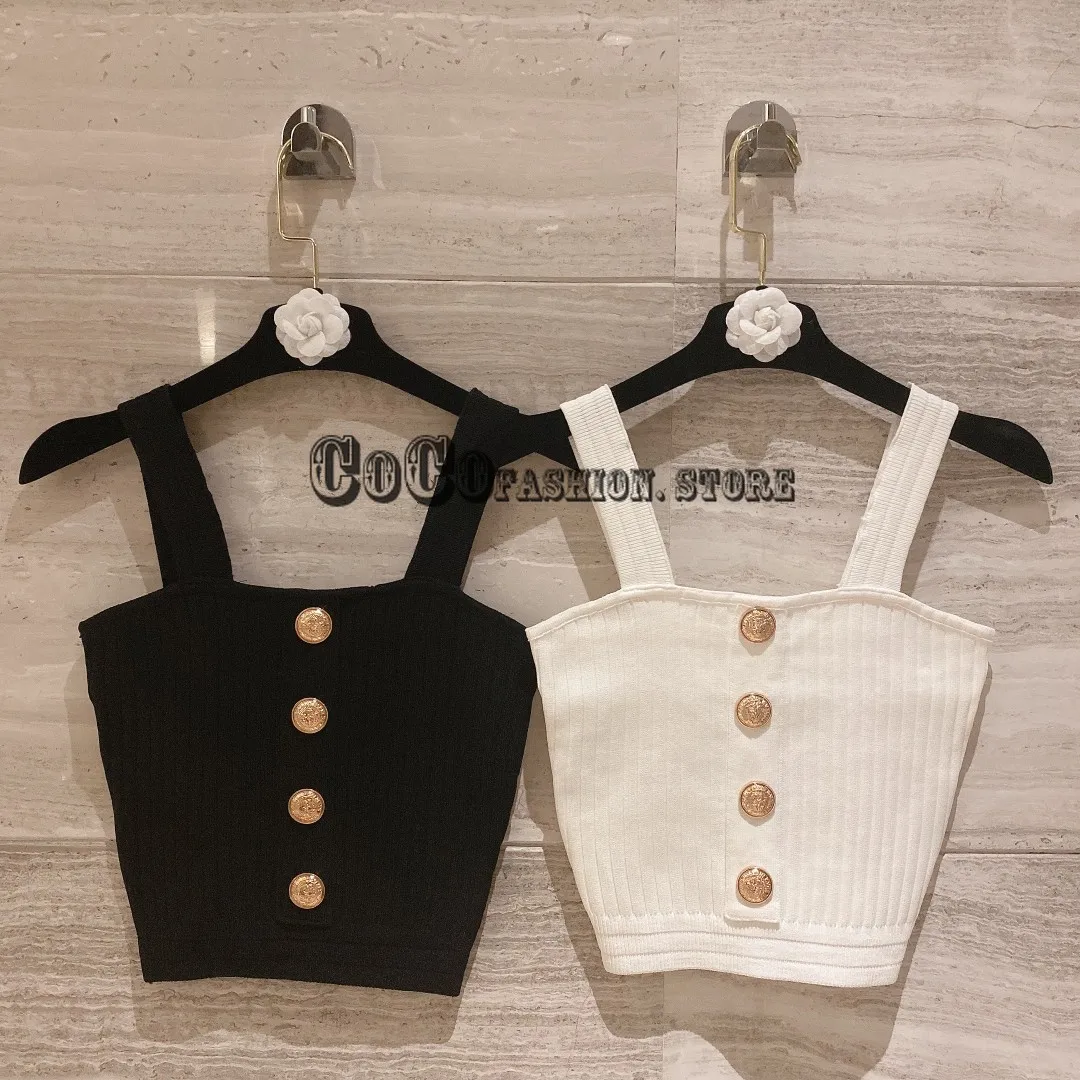 luxury designer womens braned knitted sexy slim fits crop cute tops with gold buttons tank top women stretch clothes Camis Tanks