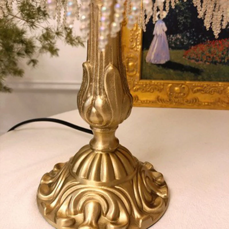 Vintage Yellow Glass Tassel Western Antique LED E27 Lighting Table Lamp Bedroom Living Room Deco Gold Interior Lace Desk Fixture images - 6