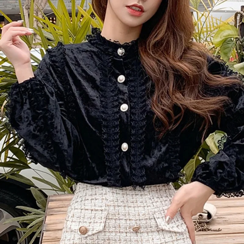 

#1969 Black White Pink Velvet Shirts Women Stand Collar Casual Shirts Spliced Lace Loose Workwear Sexy Cute Women Shirt Spring