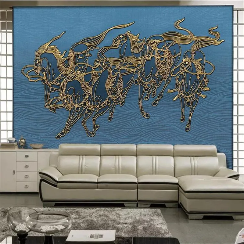 

milofi custom 3D embossed metal copper wire horse to successfully decorate background wallpaper mural