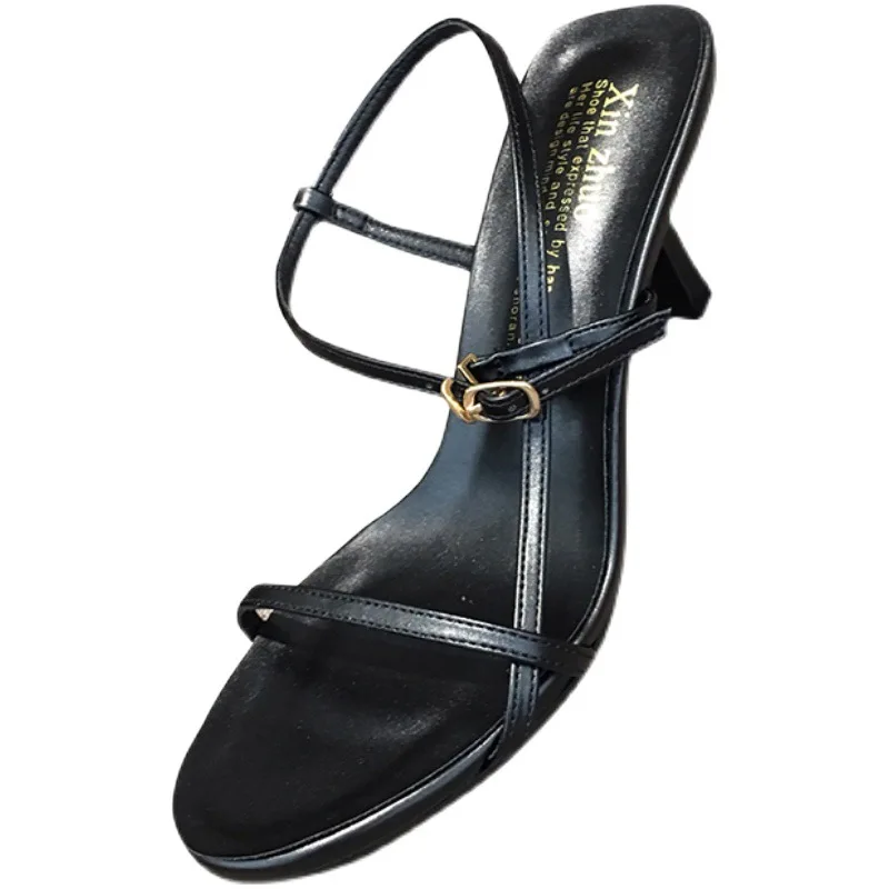 

2021 Summer Low Sandals Woman Leather Suit Female Beige Womens Shoes High Heels Low-heeled Black Comfort New Stiletto Girls Fas