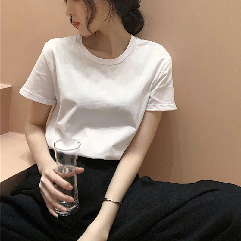 

Women's Short Sleeve T-Shirts Slim Blouse Round Neck Top Breathable Solid Color LXH