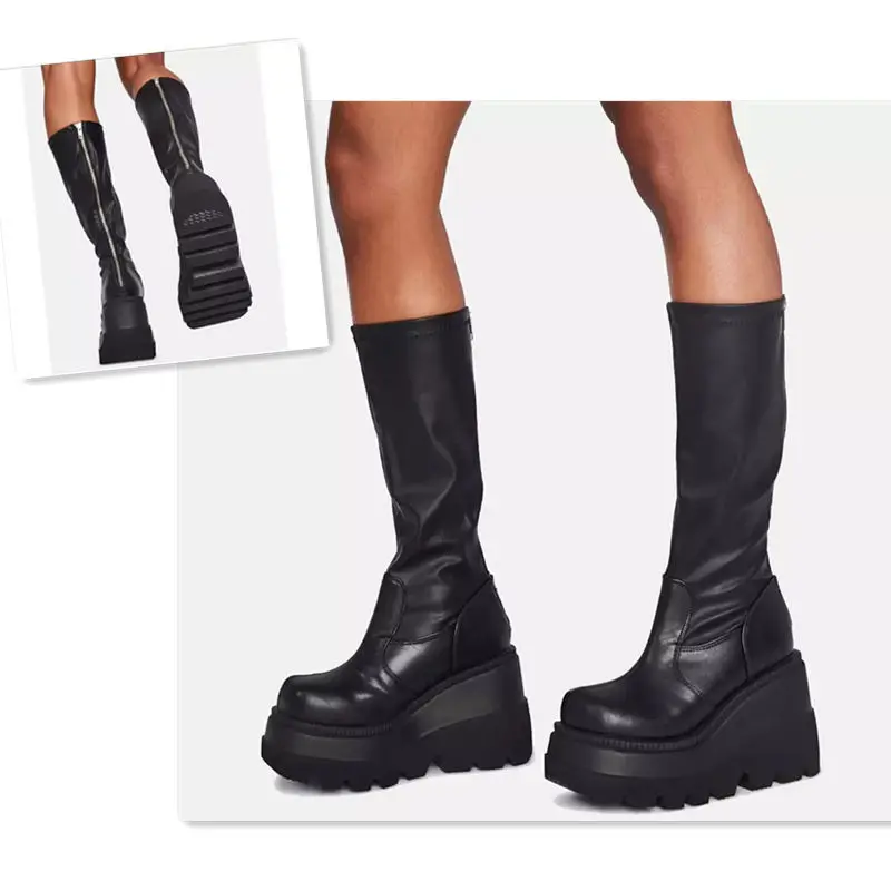 

Demonia 9.5cm Platform Motorcycle Boots Dark Gothic Hot Girl Mid-Calf Boots for Women Matte Black Knight Boots