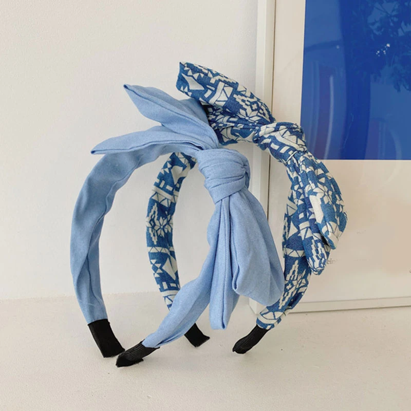 

Fashion Flower Blue Bowknot Headband Hair Hoop Denim Big Bow Striped Wide Head Hoop Double Layer Simple Hair Accessories