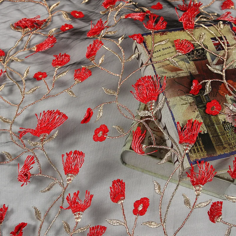 Кружева вышивка 3D жаккард красный цветок тюль ткань ширина 125 см для девочек юбка