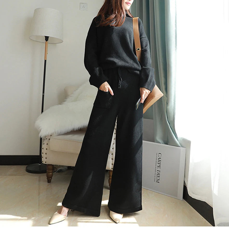 

Free Shipping 2020 Autumn And Winter Women'S Casual Knit 2 Two-Piece Set Sexy Turtleneck Sweater And Wide Leg Pants Suit