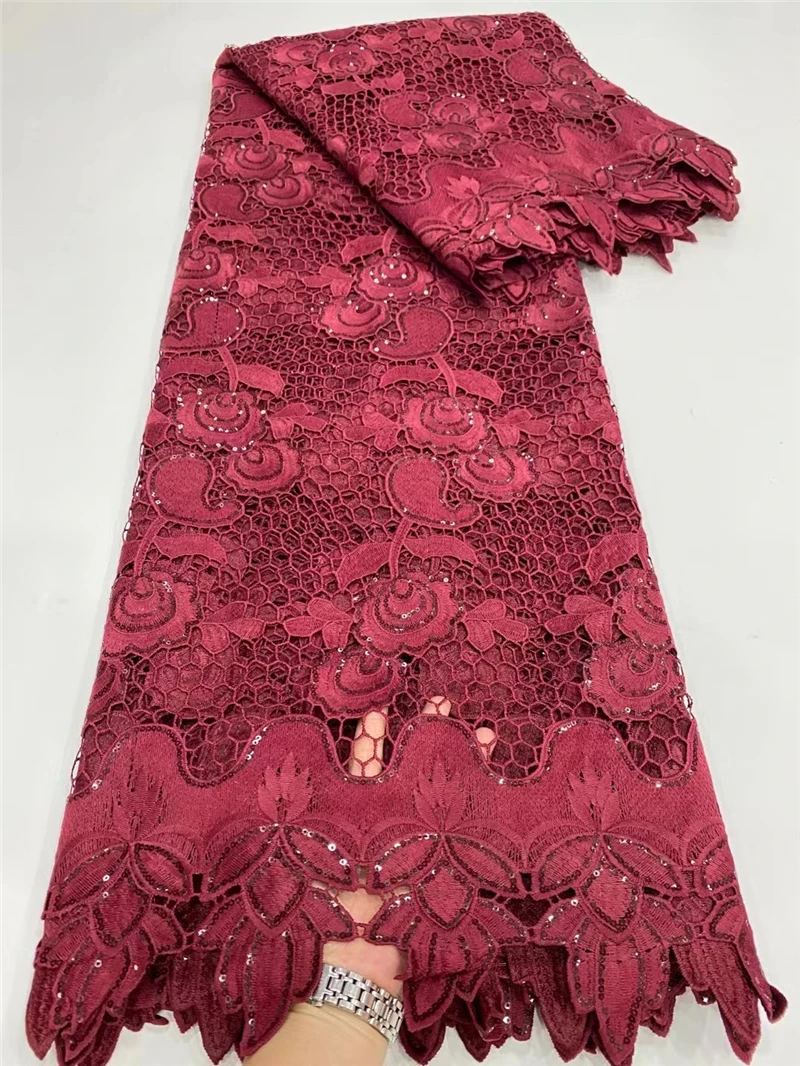 

High Quality African Cord Lace 5 Yards Nigerian Water Soluble Lace Fabrics French Wedding Lace With Sequins For Women Dress