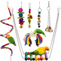 7 pcsset bird parrot hanging swing toy colorful wooden beads bells and pet bird cage hammock chew toys for parakeets conures