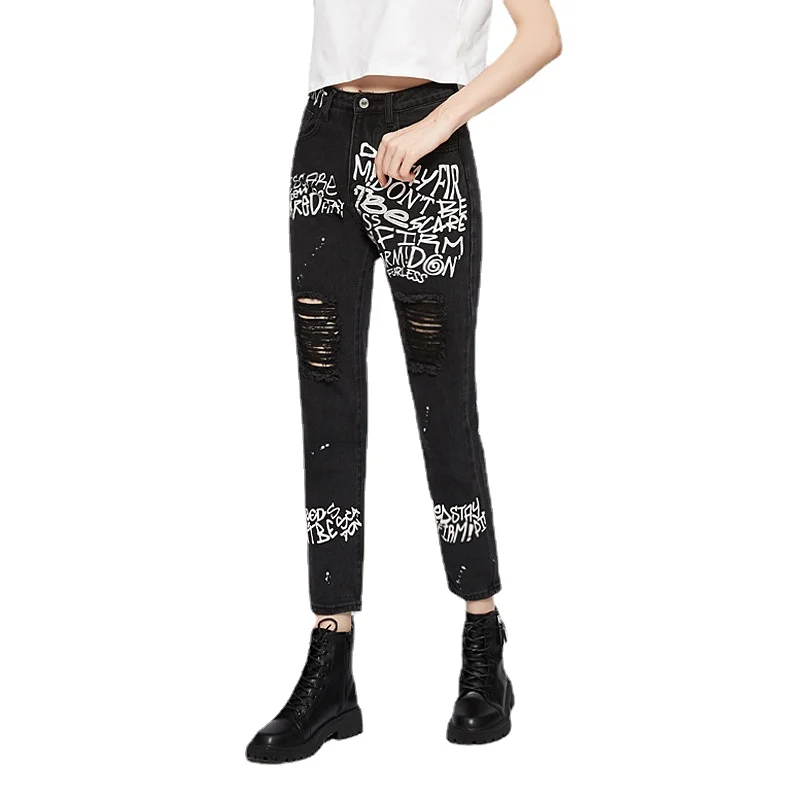 

Woman Pants Black XS Sexy Letter Print Ripped Straight High Waist y2k Jeans Autumn Fashion Distressed Joggers Vintage Streetwear