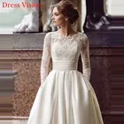 Кружевное свадебное платье с круглым вырезом и длинными рукавами, свадебное платье, свадебное платье для невесты, женское атласное платье со шлейфом