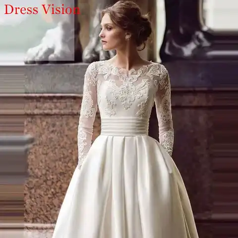 платье Lace O-Neck Long Sleeves Vestido De Noiva Wedding Dress Robe De Soiree Bride To Be Robe De Mariée Satin Sweep Train