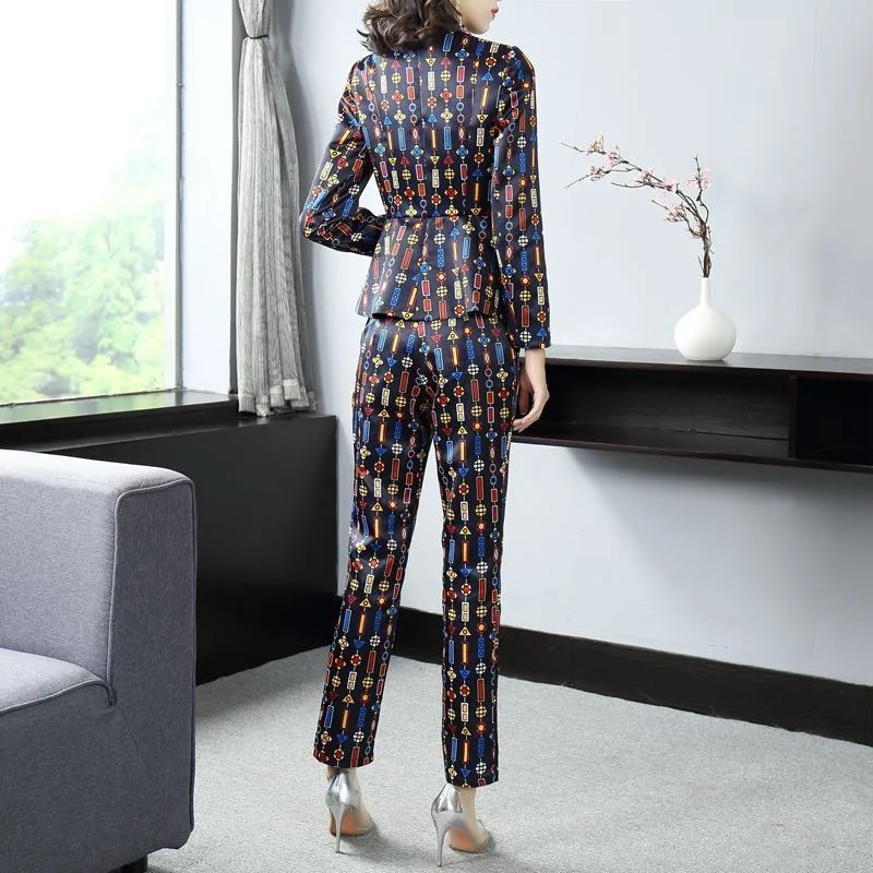 

New Women Colorful Printed Suits Two Piece Pants Blazer Set Slim Fit Ankle Length Office Ladies Work Costume Femme Outfits Suit