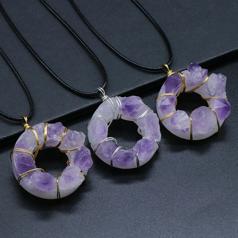 

Natural Agates Stone Pendant Necklace Big Hole Natural Amethysts Pendant Necklace for Jewerly Party Gift 35mm Length 45cm