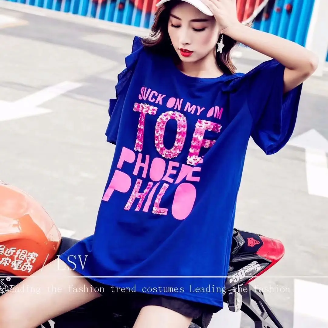 

Summer Slim Large Women's 80kg Letter Nail Bead Sequin Off Shoulder Loose Medium Length Short Sleeve T-Thirt for