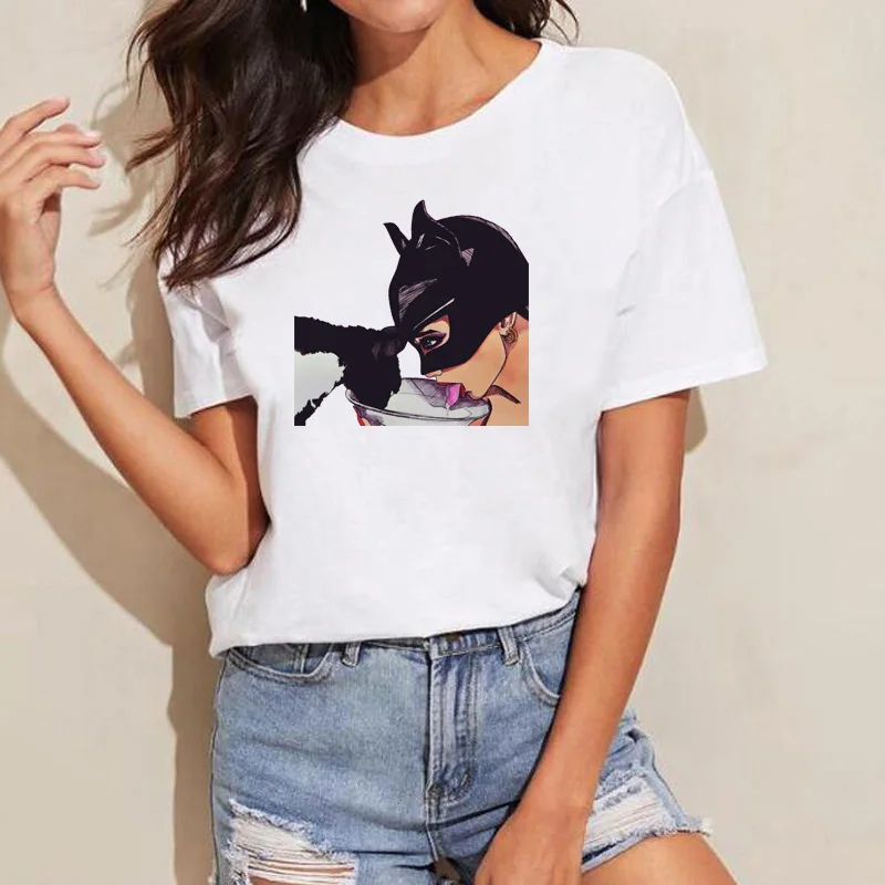 Женская футболка лето аниме мультфильм Бэтмен и Женщина кошка Kiss женская хипстер