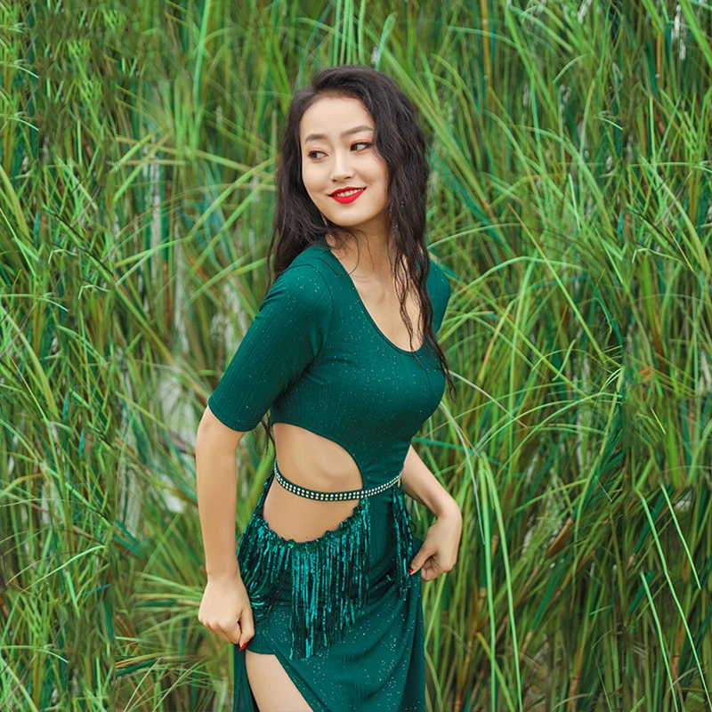 Женская юбка для танца живота с высоким разрезом и кисточками фолк-представлений