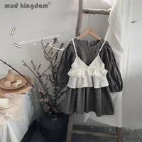 mudkingdom girl plaid dress o neck long puff sleeve solid sling dresses set for little girls spring autumn outfits kids clothes