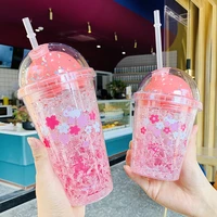 420ml kawaii cherry blossom bottle creative sequin rabbit crushed ice cup summer ice drink bottle with straw coffee juice cups