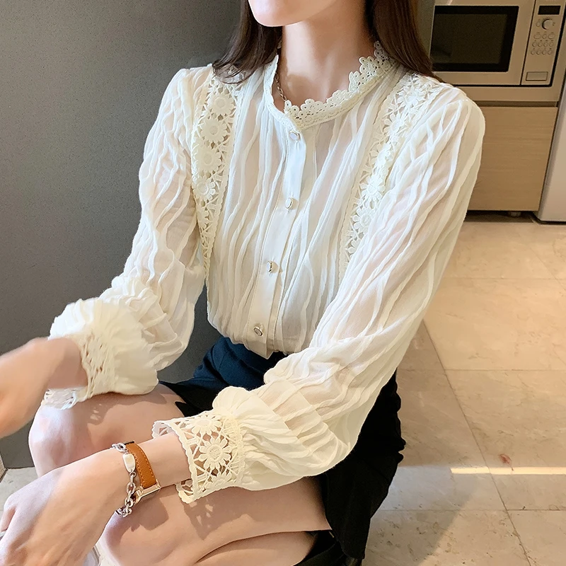 

New Women's Blouses Solid Splicing Fashion Blouse Lace Collar Comfortable Summer Long Sleeve Korean Shirt