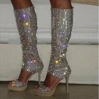 sexy bling bling rhinestone high platform boots open toe cut out knee high crystal high heel boots dress shoes