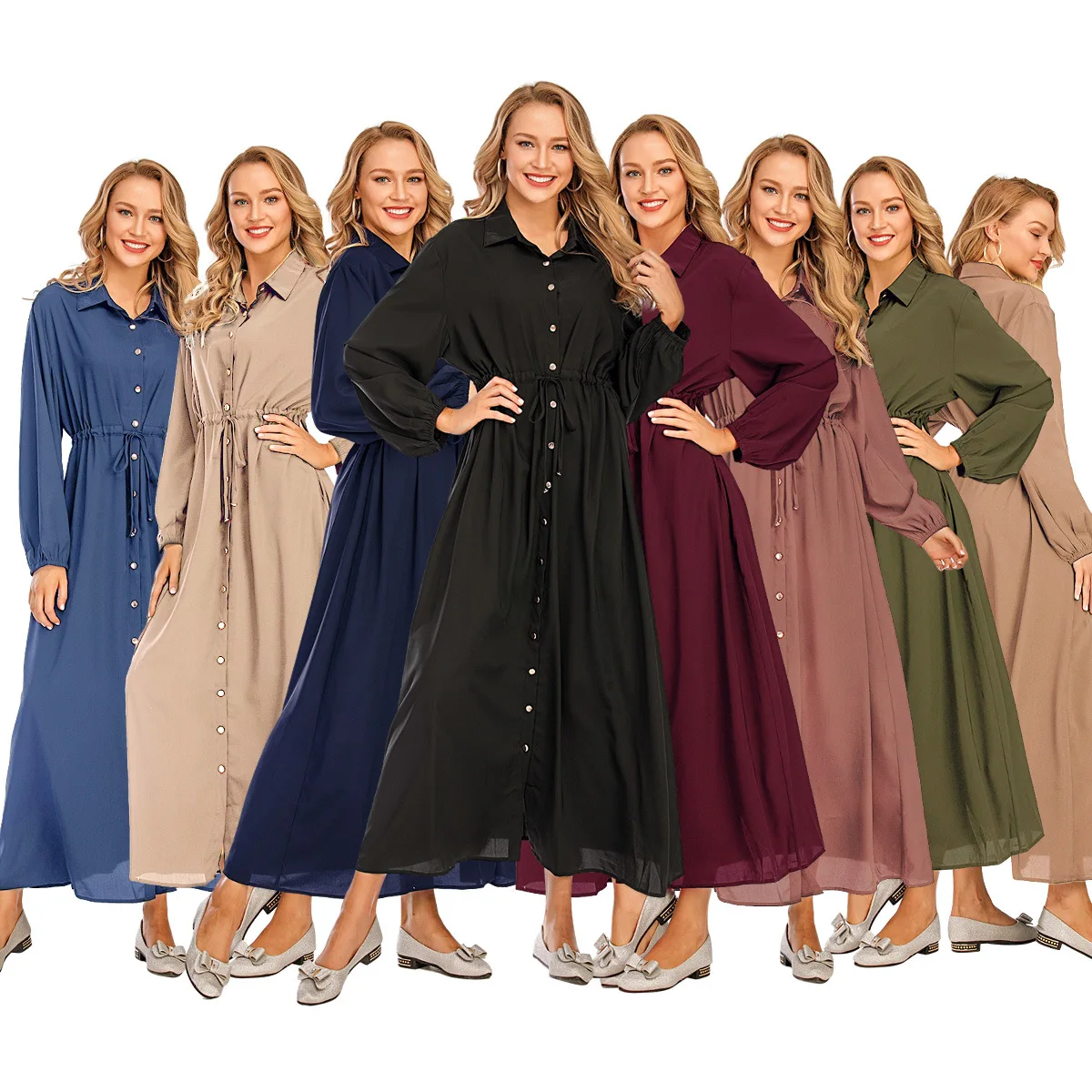 Мусульманские женщины абайя исламский макси с длинным рукавом рубашки платье