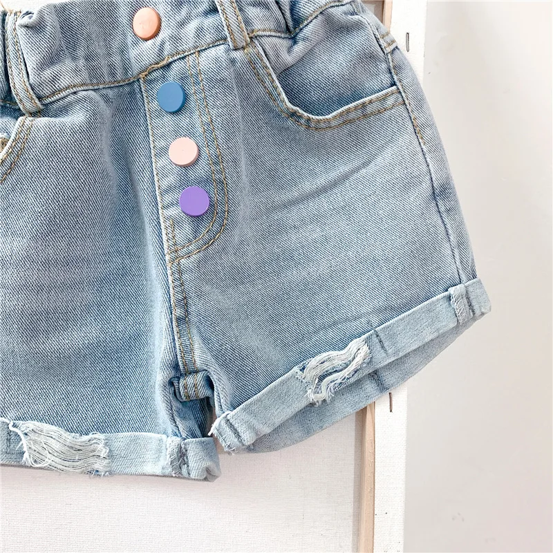 2020 летние джинсы для девочек с цветными пуговицами Детские Популярные Шорты |