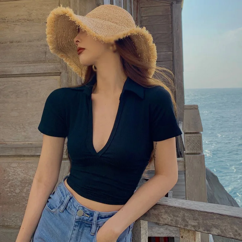 

Summer Vintage Women Sexy Slim Top Knitted Deep V-Neck Female Solid Slim Exposed Navel T Shirt