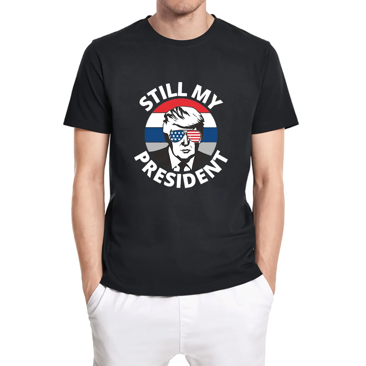 

Donald Trump Is Still My President USA American Flag Colors Sunglasses Anti-Biden Men's Short Sleeve Unisex T-Shirt Cotton Tee