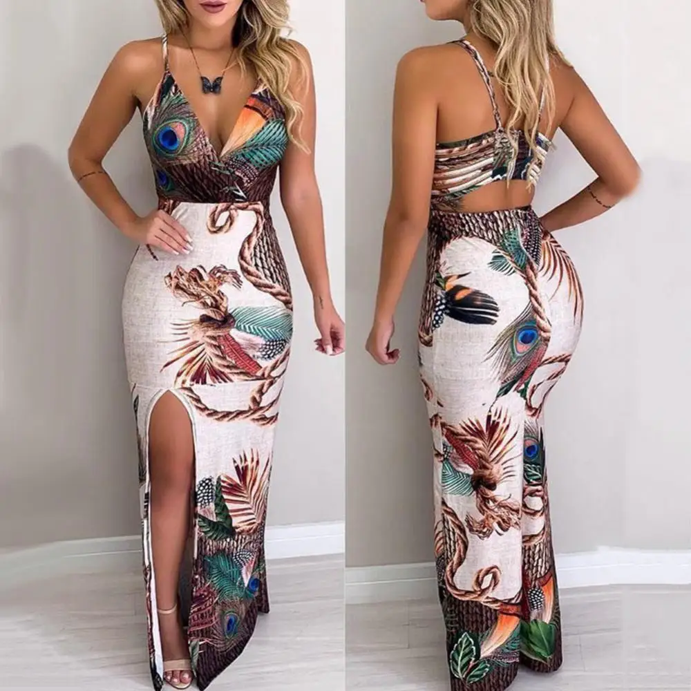 

50% Wholesales Boho Women Peacock Feather Print V Neck Backless Slit Bodycon Maxi Slip Dress