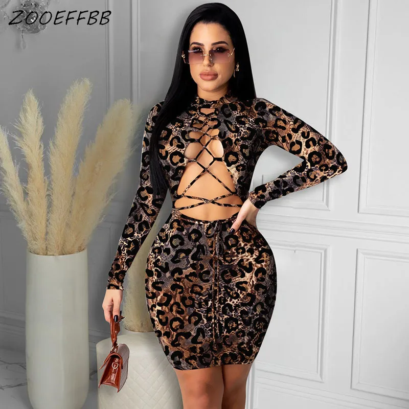 

ZOOEFFBB Leopard Print Mini Dress Long Sleeve Fall Clothes for Women Sexy Birthday Club Rave Outfits Hollow Lace Up Y2K Dresses