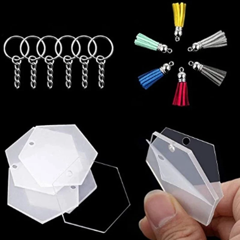 

90Pcs Acrylic Transparent Discs Hexagon Keychain Blanks Charms and Tassel Pendants Keyring with Chain for DIY Crafts