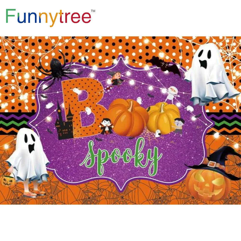 

Funnytree Boo Spooky Halloween Party Background Cartoon Ghost Kids Trick Pumpkins Spider Web Dots Lights Banner Glitter Backdrop
