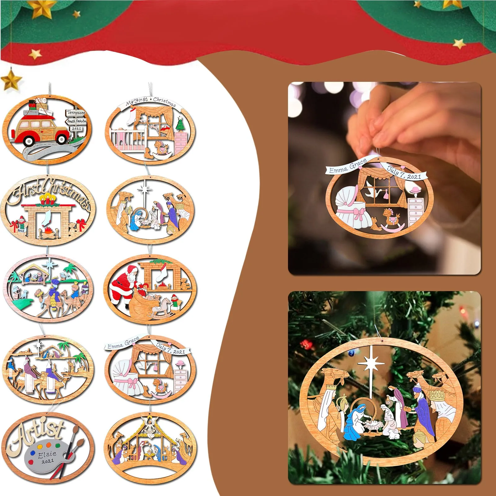 Nativity Christmas Ornament Lovely Tree Gift Dog Print Hanging Pendant Cute Xmas New Year 2022 Noel Navidad Party Gifts |