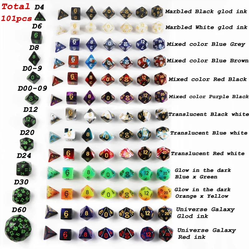 101 шт. кости с сумкой многогранные D4 D6 D8 D10 % D12 D20 D30 D60 для ролевых игр DnD настольные