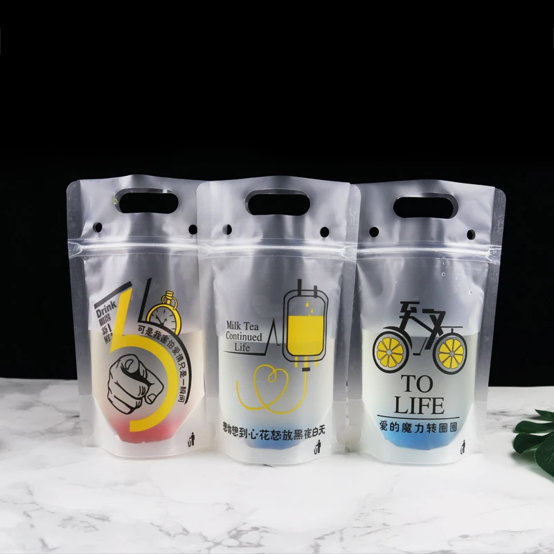 

100pcs Creative transparent zip lock thick plastic bags 350ml juice coffee milk tea cold and hot drink packaging bag with handle