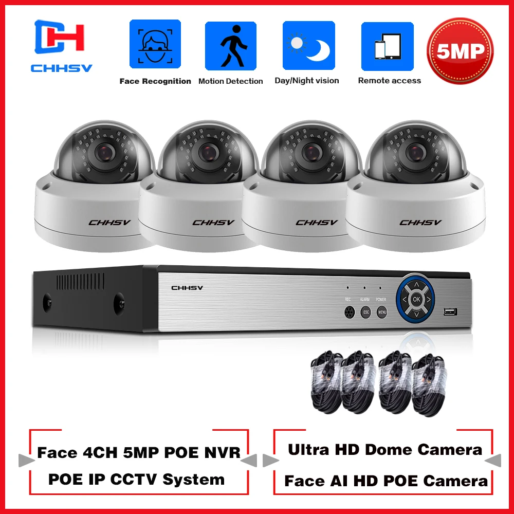 

CHHSV H.265 4CH 5MP Home Security POE NVR Kit 2MP Face Detection IP Camera Dome Indoor P2P Video CCTV Surveillance System Set