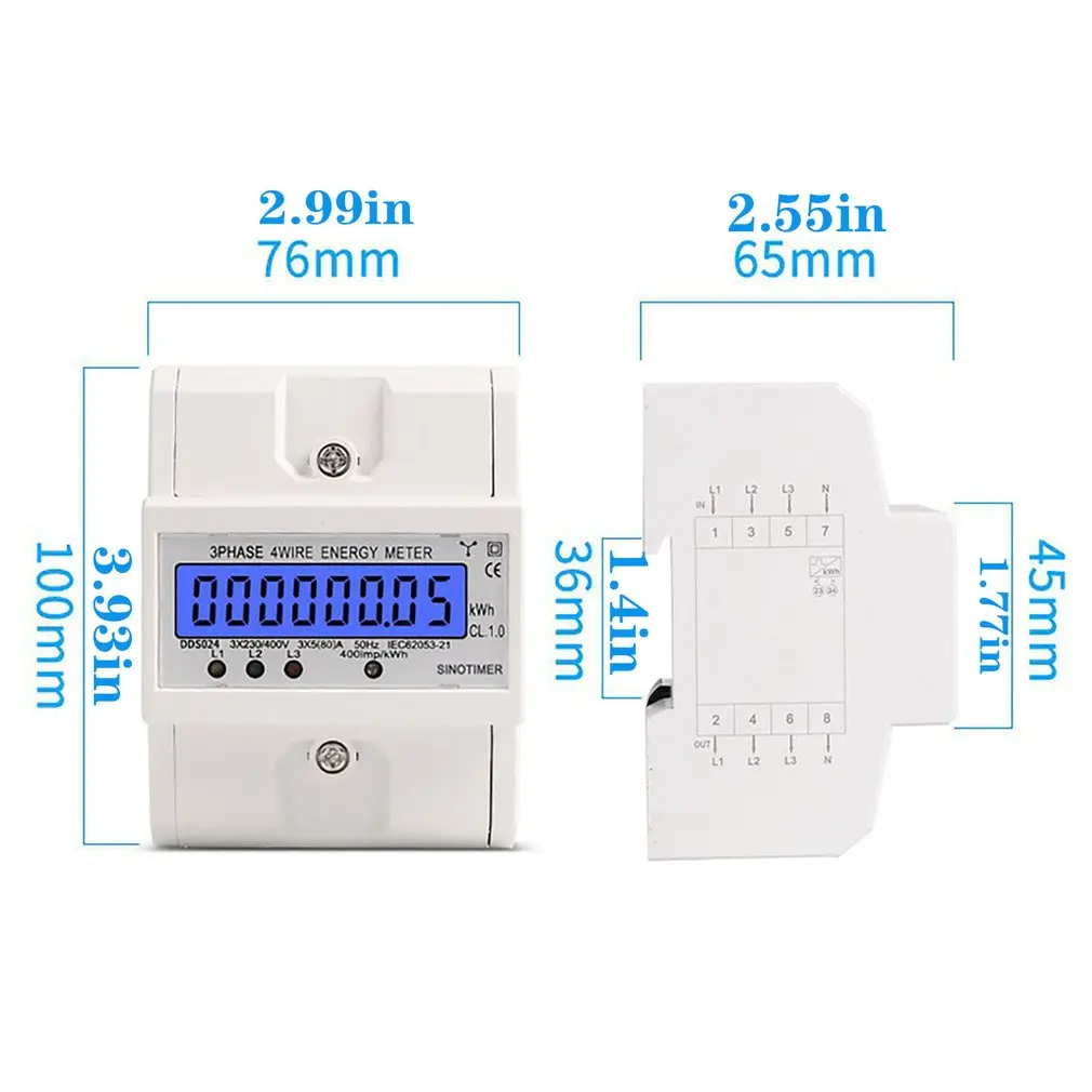 

Din Rail 3 Phase 4 Wire Electronic Watt Power Consumption Energy Meter Wattmeter kWh 5-80A 380V AC 50Hz LCD Backlight Display