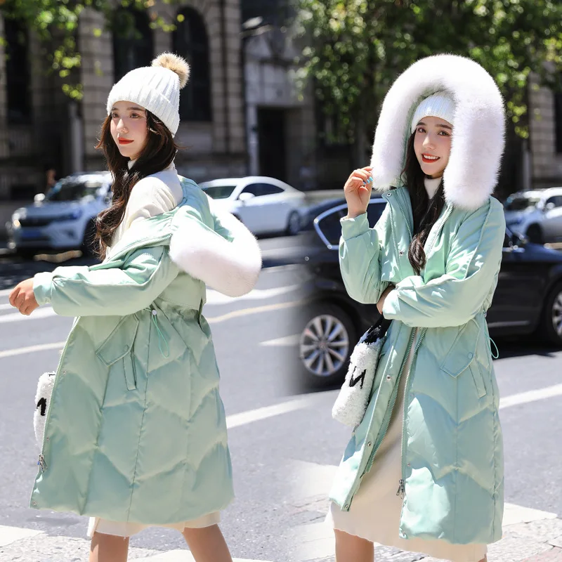 

Женский пуховик с большим меховым воротником, зимняя куртка на белом утином пуху, женская уличная длинная хлопковая куртка для отдыха