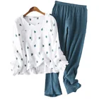 Новинка осени 2021, Женская хлопковая потертая Домашняя одежда, текстурный Топ с длинным рукавом и брюки, 2 шт., мягкая Пижама, домашняя одежда