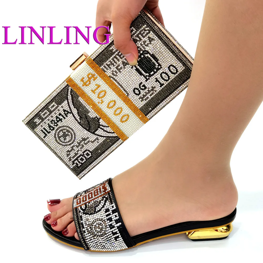 2021 New Arrival Fashion African Women Wedding Matching Italian design Ladies Shoes and Bag Set in Black Color for Party